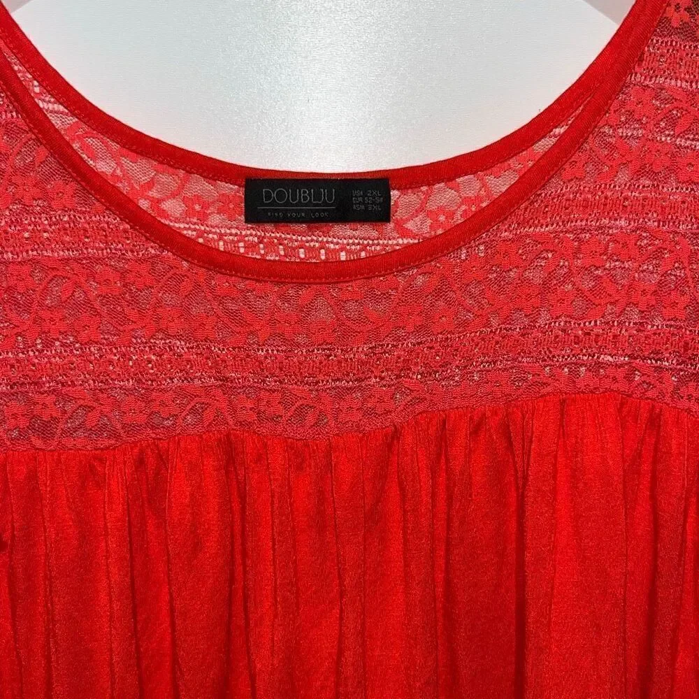 Doublju Women's Red Floral Lace Short Flutter Sleeve Pullover‎ Blouse Size 2XL